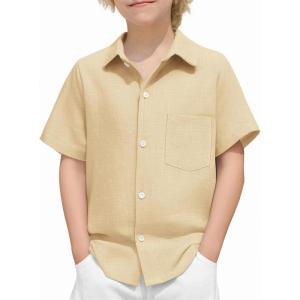 Arshiner Boys Button Down Shirt 100% Cotton Short Sleeve Shirt Solid Summer Beach Shirts with Pocket Size 4-14 Years(Light Khaki)