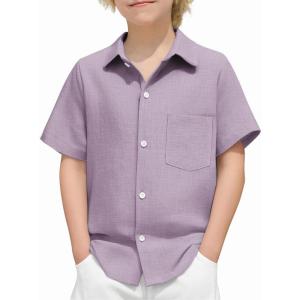 Arshiner Boys Button Down Shirt 100% Cotton Short Sleeve Shirt Solid Summer Beach Shirts with Pocket Size 4-14 Years(Light Purple)