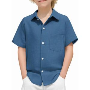 Arshiner Boys Button Down Shirt 100% Cotton Short Sleeve Shirt Solid Summer Beach Shirts with Pocket Size 4-14 Years(Navy Blue)