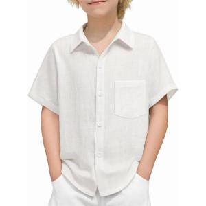 Arshiner Boys Button Down Shirt 100% Cotton Short Sleeve Shirt Solid Summer Beach Shirts with Pocket Size 4-14 Years(White)