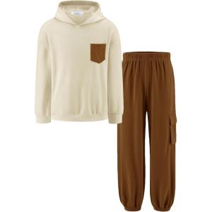 Arshiner Boys Clothes Long Sleeve Hoodie and Pants Outfit Set 2 Piece Sweatsuits for Fall Winter 6-14Y(Beige & Brown)