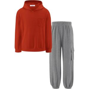 Arshiner Boys Clothes Long Sleeve Hoodie and Pants Outfit Set 2 Piece Sweatsuits for Fall Winter 6-14Y(Red & Grey)
