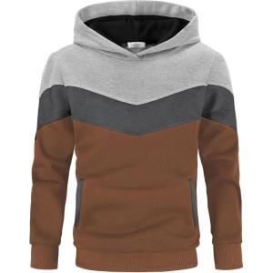 Arshiner Boy’s Color Block Pullover Fleece Hoodie Long Sleeve Casual Sweatshirt with Pocket Age 3-13 Years(Grey & Brown)