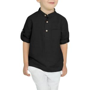 Arshiner Boys Cotton Linen Henley Shirt Button Down Shirt Long Sleeve T Shirt Beach Shirt Tee Casual Solid Tops(Black)