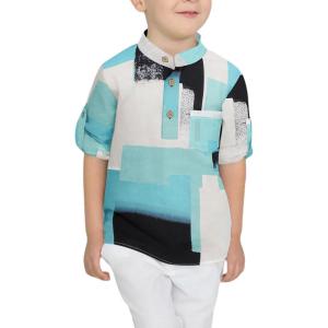 Arshiner Boys Cotton Linen Henley Shirt Button Down Shirt Long Sleeve T Shirt Beach Shirt Tee Casual Solid Tops(Blue & White – Color Block)