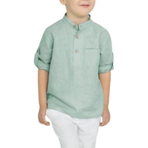 Arshiner Boys Cotton Linen Henley Shirt Button Down Shirt Long Sleeve T Shirt Beach Shirt Tee Casual Solid Tops(Green)