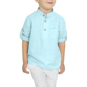 Arshiner Boys Cotton Linen Henley Shirt Button Down Shirt Long Sleeve T Shirt Beach Shirt Tee Casual Solid Tops(Light Blue)