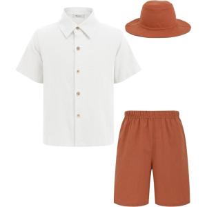Arshiner Boys Cotton Linen Shorts Sets Button Down Short Sleeve Shirt and Shorts with Bucket Hat Summer Beach Outfits(White – Brown)