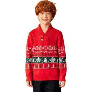 Arshiner Boys Crewneck Long Sleeve Textured Ribbed Edge Pullover Sweaters Button Up Knitted Sweater Tops(Red-snowflake)