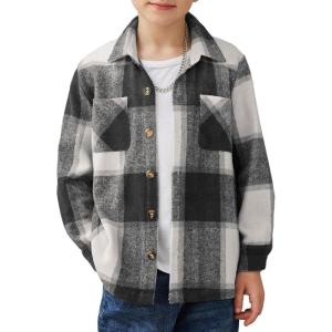 Arshiner Boys Flannel Shirts Kids Button Down Plaid Shirt Casual Long Sleeve Shirt Tops Boys and Girls Fall Plaid Jacket(Black White Gray)