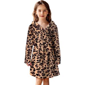 Arshiner Boys Girls Flannel Bathrobes Soft Fuzzy Hooded Robe Sleepwear with Belt for Kids(Classic Leopard)