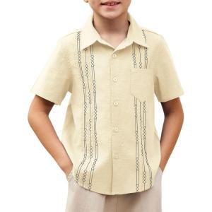 Arshiner Boys Guayabera Shirt Short Sleeve Cotton Linen Button Down Shirt Summer Beach Tops with One Pocket(Apricot)