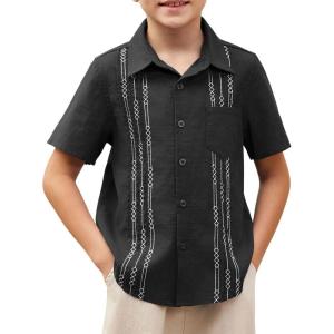 Arshiner Boys Guayabera Shirt Short Sleeve Cotton Linen Button Down Shirt Summer Beach Tops with One Pocket(B-black)