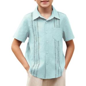 Arshiner Boys Guayabera Shirt Short Sleeve Cotton Linen Button Down Shirt Summer Beach Tops with One Pocket(Blue)