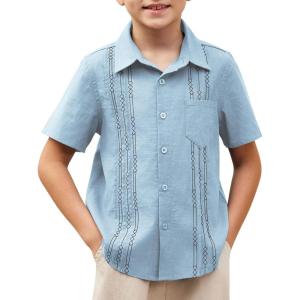 Arshiner Boys Guayabera Shirt Short Sleeve Cotton Linen Button Down Shirt Summer Beach Tops with One Pocket(Light Blue)
