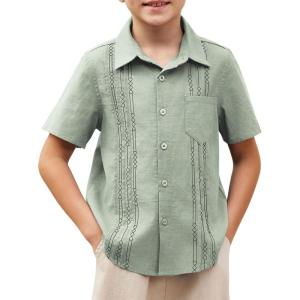 Arshiner Boys Guayabera Shirt Short Sleeve Cotton Linen Button Down Shirt Summer Beach Tops with One Pocket(Light Green)