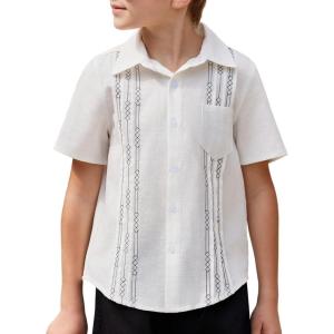 Arshiner Boys Guayabera Shirt Short Sleeve Cotton Linen Button Down Shirt Summer Beach Tops with One Pocket(White)
