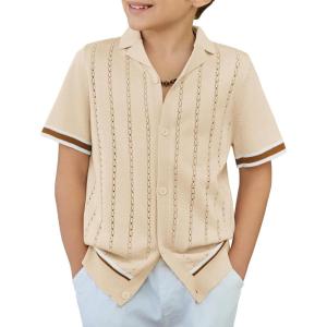 Arshiner Boys Knit Shirts Short Sleeve Button Down Shirt Vintage Fashion Casual Summer Beach Shirts for Kids 5-13 Years(Beige)
