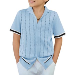 Arshiner Boys Knit Shirts Short Sleeve Button Down Shirt Vintage Fashion Casual Summer Beach Shirts for Kids 5-13 Years(Light Blue)