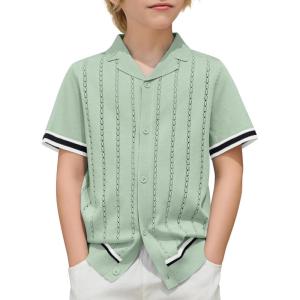 Arshiner Boys Knit Shirts Short Sleeve Button Down Shirt Vintage Fashion Casual Summer Beach Shirts for Kids 5-13 Years(Light Green)