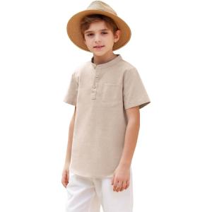 Arshiner Boys Linen Shirt Button Down Henley Short Sleeve Casual Dress Summer Beach T Shirts Top with One Pocket(Beige)