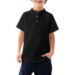Arshiner Boys Linen Shirt Button Down Henley Short Sleeve Casual Dress Summer Beach T Shirts Top with One Pocket(Black)