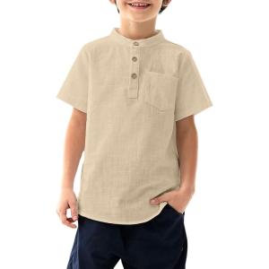 Arshiner Boys Linen Shirt Button Down Henley Short Sleeve Casual Dress Summer Beach T Shirts Top with One Pocket(Khaki)