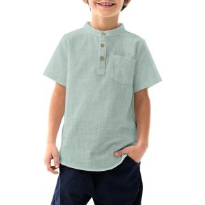 Arshiner Boys Linen Shirt Button Down Henley Short Sleeve Casual Dress Summer Beach T Shirts Top with One Pocket(Light Green)