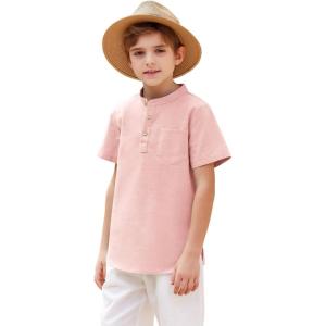 Arshiner Boys Linen Shirt Button Down Henley Short Sleeve Casual Dress Summer Beach T Shirts Top with One Pocket(Pink)