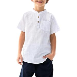 Arshiner Boys Linen Shirt Button Down Henley Short Sleeve Casual Dress Summer Beach T Shirts Top with One Pocket(White)