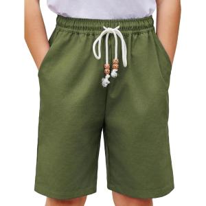 Arshiner Boys Linen Shorts with Elastic Waist Breathable Summer Beach Shorts for Kids 5-13 Years(Army Green)
