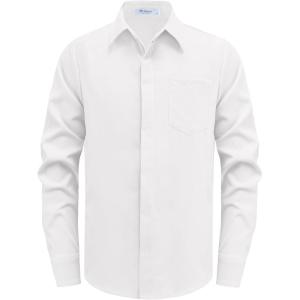 Arshiner Boys Long Sleeve Dress Shirt Solid Button Down Shirts School Formal Uniform Shirts with Pocket for 5-12 Years(White)