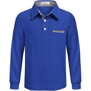 Arshiner Boy’s Long Sleeve Plaid Trim Polo Shirt School Uniform Shirt with Pocket for 4-12 Years(Blue)