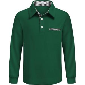 Arshiner Boy’s Long Sleeve Plaid Trim Polo Shirt School Uniform Shirt with Pocket for 4-12 Years(Green)