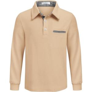 Arshiner Boy’s Long Sleeve Plaid Trim Polo Shirt School Uniform Shirt with Pocket for 4-12 Years(Khaki)