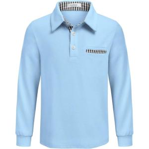 Arshiner Boy’s Long Sleeve Plaid Trim Polo Shirt School Uniform Shirt with Pocket for 4-12 Years(Light Blue)