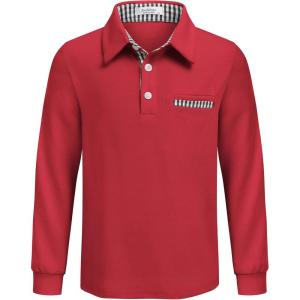 Arshiner Boy’s Long Sleeve Plaid Trim Polo Shirt School Uniform Shirt with Pocket for 4-12 Years(Red)