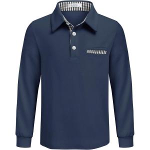 Arshiner Boy’s Long Sleeve Plaid Trim Polo Shirt School Uniform Shirt with Pocket for 4-12 Years(Violet)