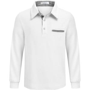 Arshiner Boy’s Long Sleeve Plaid Trim Polo Shirt School Uniform Shirt with Pocket for 4-12 Years(White)