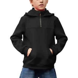 Arshiner Boy’s Loose Fit Quarter-Zip Pullover Hoodie Sweatshirt – Lightweight Fleece – 4~12 Years Kids(Black)