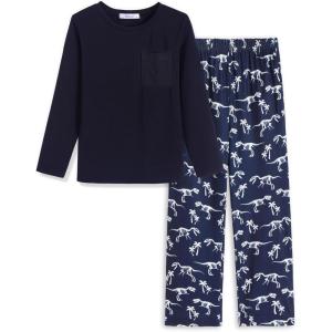 Arshiner Boys Loose-fit Pajamas Long Sleeve Top and Pants 2 Piece Pajama Set for Big Boys 5-13 Years(Blue Dinosaur)