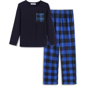 Arshiner Boys Loose-fit Pajamas Long Sleeve Top and Pants 2 Piece Pajama Set for Big Boys 5-13 Years(Blue Plaid)