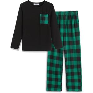 Arshiner Boys Loose-fit Pajamas Long Sleeve Top and Pants 2 Piece Pajama Set for Big Boys 5-13 Years(Green Plaid)