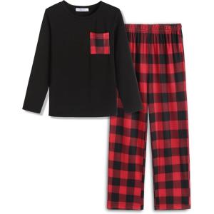 Arshiner Boys Loose-fit Pajamas Long Sleeve Top and Pants 2 Piece Pajama Set for Big Boys 5-13 Years(Red Plaid)