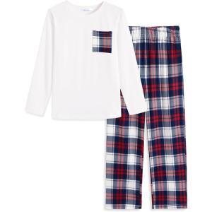 Arshiner Boys Loose-fit Pajamas Long Sleeve Top and Pants 2 Piece Pajama Set for Big Boys 5-13 Years(White Red Plaid)