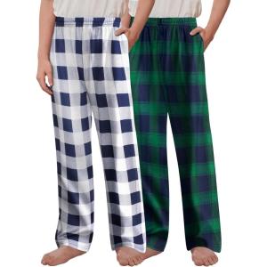 Arshiner Boys Pajama Pants 2 Pack Soft Plaid Sleepwear Kids Lounge PJ Bottoms with Pockets(Black White Plaid+blue Green Plaid)