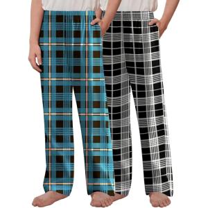 Arshiner Boys Pajama Pants 2 Pack Soft Plaid Sleepwear Kids Lounge PJ Bottoms with Pockets(Blue Black Plaid+black Grey Plaid)