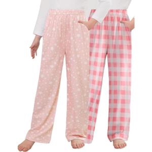 Arshiner Boys Pajama Pants 2 Pack Soft Plaid Sleepwear Kids Lounge PJ Bottoms with Pockets(Pink Plaid+pink Star)
