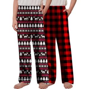 Arshiner Boys Pajama Pants 2 Pack Soft Plaid Sleepwear Kids Lounge PJ Bottoms with Pockets(Red Black Plaid+black Christmas)