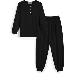 Arshiner Boys Pajamas Long Sleeve Henley Top and Pants Boys 2 Piece Pajama Set Sleepwear for 6-14 Years(Black)